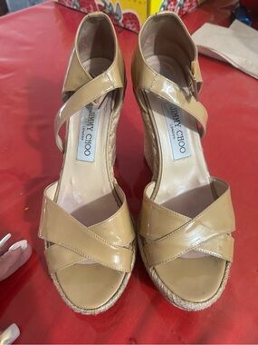 Jimmy Choo Beige Patent Leather Espadrille Wedge Sandals